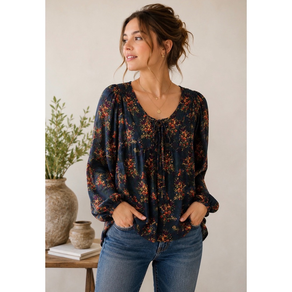 NATURAL LIFE Navy Floral Peasant Blouse